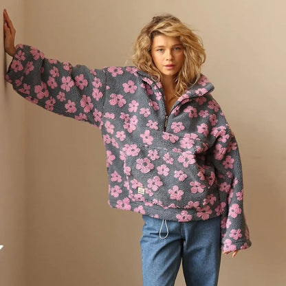 Braxton Women's Floral Sherpa Fleece Oversized Half-Zip Pullover Sweater