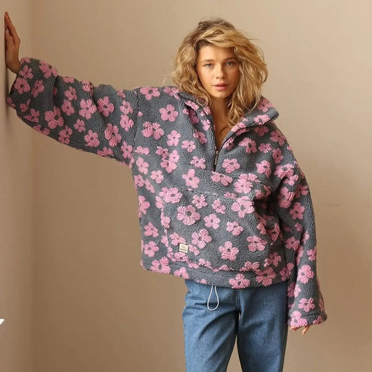 Braxton Women's Floral Sherpa Fleece Oversized Half-Zip Pullover Sweater