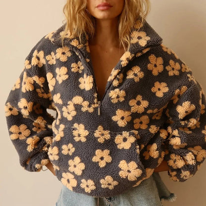 Braxton Women's Floral Sherpa Fleece Oversized Half-Zip Pullover Sweater