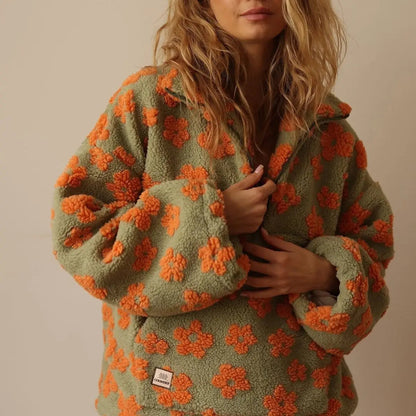 Braxton Women's Floral Sherpa Fleece Oversized Half-Zip Pullover Sweater