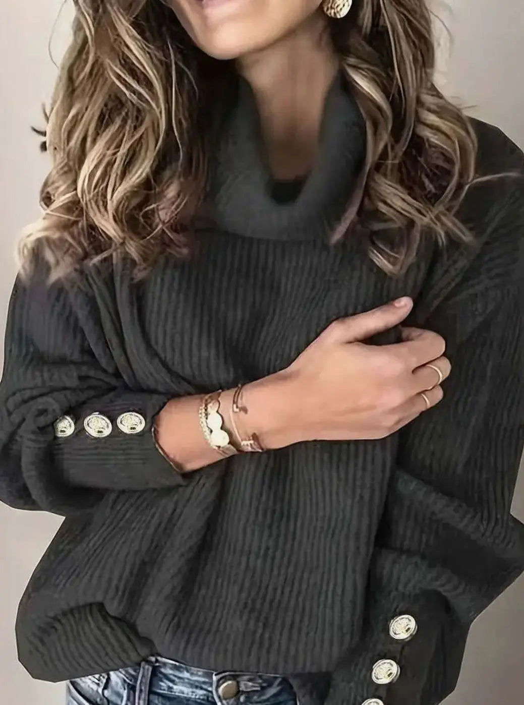 Preston Women's Ribbed Cowl Neck Sweater Button-Cuff Knit Jumper